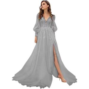 imageLong Sleeve Tulle Prom Dresses Long Lace Applique Ball Gown 2025 A Line Wedding Evening Party GownsSilver