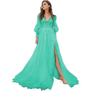 imageLong Sleeve Tulle Prom Dresses Long Lace Applique Ball Gown 2025 A Line Wedding Evening Party GownsTurquoise