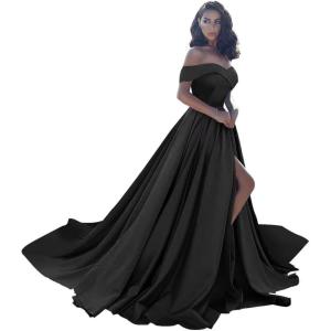 imageOff Shoulder Satin Prom Dresses Ball Gown Plus Size Formal Dresses for Women Wedding Dress with SlitBlack
