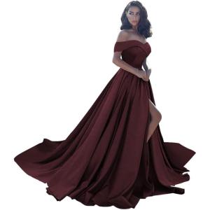 imageOff Shoulder Satin Prom Dresses Ball Gown Plus Size Formal Dresses for Women Wedding Dress with SlitBurgundy