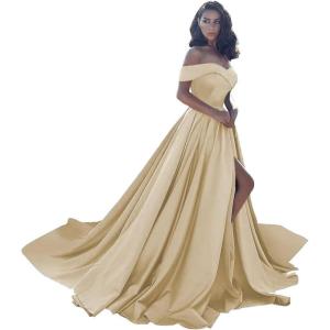 imageOff Shoulder Satin Prom Dresses Ball Gown Plus Size Formal Dresses for Women Wedding Dress with SlitChampagne