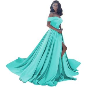imageOff Shoulder Satin Prom Dresses Ball Gown Plus Size Formal Dresses for Women Wedding Dress with SlitCyan