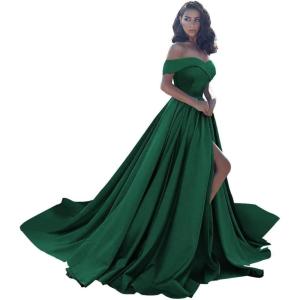 imageOff Shoulder Satin Prom Dresses Ball Gown Plus Size Formal Dresses for Women Wedding Dress with SlitDark Green