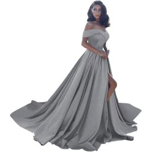 imageOff Shoulder Satin Prom Dresses Ball Gown Plus Size Formal Dresses for Women Wedding Dress with SlitDark Grey