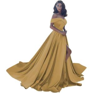 imageOff Shoulder Satin Prom Dresses Ball Gown Plus Size Formal Dresses for Women Wedding Dress with SlitGold