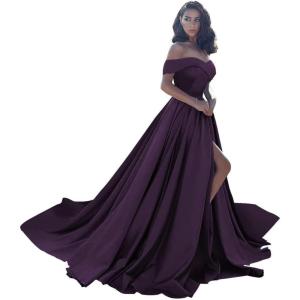 imageOff Shoulder Satin Prom Dresses Ball Gown Plus Size Formal Dresses for Women Wedding Dress with SlitPlum