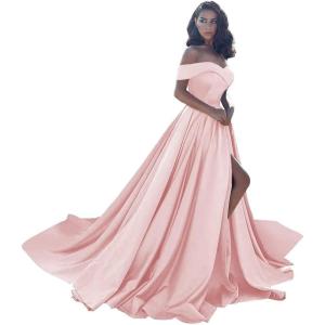 imageOff Shoulder Satin Prom Dresses Ball Gown Plus Size Formal Dresses for Women Wedding Dress with SlitPurplish Grey