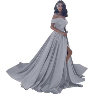 imageOff Shoulder Satin Prom Dresses Ball Gown Plus Size Formal Dresses for Women Wedding Dress with SlitSilver