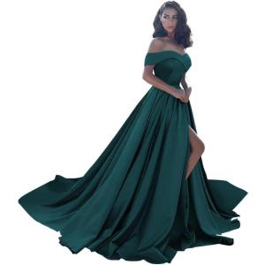 imageOff Shoulder Satin Prom Dresses Ball Gown Plus Size Formal Dresses for Women Wedding Dress with SlitTeal