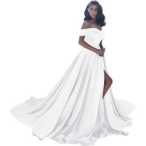 imageOff Shoulder Satin Prom Dresses Ball Gown Plus Size Formal Dresses for Women Wedding Dress with SlitWhite
