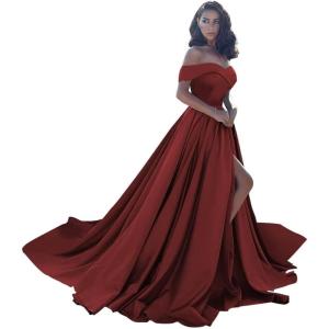 imageOff Shoulder Satin Prom Dresses Ball Gown Plus Size Formal Dresses for Women Wedding Dress with SlitWine Red