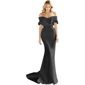 imageOff The Shoulder Mermaid Prom Dresses Long Satin Simple Wedding Dress Elegant Ruched Wrap Formal Evening Gowns for WomenBlack