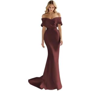 imageOff The Shoulder Mermaid Prom Dresses Long Satin Simple Wedding Dress Elegant Ruched Wrap Formal Evening Gowns for WomenBurgundy