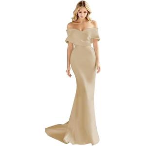 imageOff The Shoulder Mermaid Prom Dresses Long Satin Simple Wedding Dress Elegant Ruched Wrap Formal Evening Gowns for WomenChampage