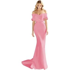imageOff The Shoulder Mermaid Prom Dresses Long Satin Simple Wedding Dress Elegant Ruched Wrap Formal Evening Gowns for WomenDark Pink