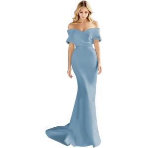 imageOff The Shoulder Mermaid Prom Dresses Long Satin Simple Wedding Dress Elegant Ruched Wrap Formal Evening Gowns for WomenDusty Blue