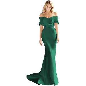 imageOff The Shoulder Mermaid Prom Dresses Long Satin Simple Wedding Dress Elegant Ruched Wrap Formal Evening Gowns for WomenEmerald Green