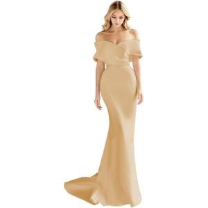 imageOff The Shoulder Mermaid Prom Dresses Long Satin Simple Wedding Dress Elegant Ruched Wrap Formal Evening Gowns for WomenGold