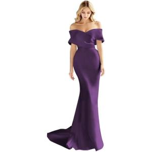 imageOff The Shoulder Mermaid Prom Dresses Long Satin Simple Wedding Dress Elegant Ruched Wrap Formal Evening Gowns for WomenGrape