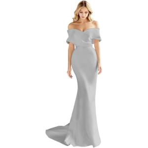 imageOff The Shoulder Mermaid Prom Dresses Long Satin Simple Wedding Dress Elegant Ruched Wrap Formal Evening Gowns for WomenGrey