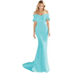 imageOff The Shoulder Mermaid Prom Dresses Long Satin Simple Wedding Dress Elegant Ruched Wrap Formal Evening Gowns for WomenIce Blue