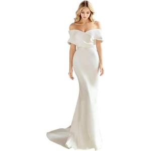 imageOff The Shoulder Mermaid Prom Dresses Long Satin Simple Wedding Dress Elegant Ruched Wrap Formal Evening Gowns for WomenIvory