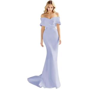 imageOff The Shoulder Mermaid Prom Dresses Long Satin Simple Wedding Dress Elegant Ruched Wrap Formal Evening Gowns for WomenLavender