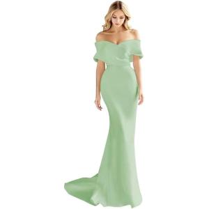 imageOff The Shoulder Mermaid Prom Dresses Long Satin Simple Wedding Dress Elegant Ruched Wrap Formal Evening Gowns for WomenMint Green