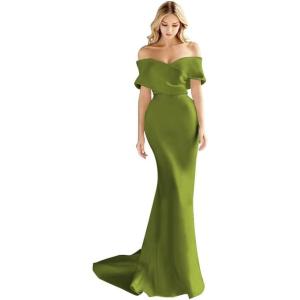 imageOff The Shoulder Mermaid Prom Dresses Long Satin Simple Wedding Dress Elegant Ruched Wrap Formal Evening Gowns for WomenOlive
