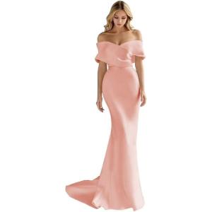 imageOff The Shoulder Mermaid Prom Dresses Long Satin Simple Wedding Dress Elegant Ruched Wrap Formal Evening Gowns for WomenPeach