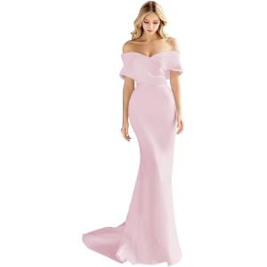 imageOff The Shoulder Mermaid Prom Dresses Long Satin Simple Wedding Dress Elegant Ruched Wrap Formal Evening Gowns for WomenPink