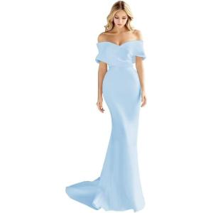 imageOff The Shoulder Mermaid Prom Dresses Long Satin Simple Wedding Dress Elegant Ruched Wrap Formal Evening Gowns for WomenSky Blue