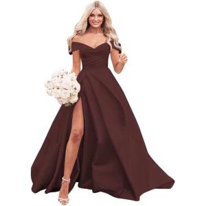 imageOff The Shoulder Satin Prom Dress for Women Long Ball Gown Wedding Dress Floor Length Formal Evening Gowns with SlitBurgundy