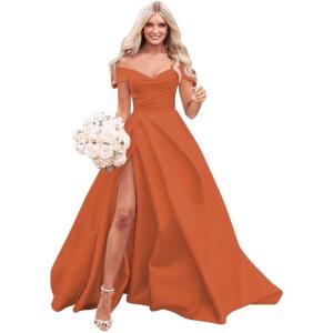 imageOff The Shoulder Satin Prom Dress for Women Long Ball Gown Wedding Dress Floor Length Formal Evening Gowns with SlitBurnt Orange