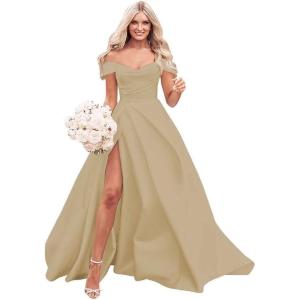 imageOff The Shoulder Satin Prom Dress for Women Long Ball Gown Wedding Dress Floor Length Formal Evening Gowns with SlitChampagne