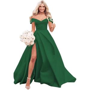 imageOff The Shoulder Satin Prom Dress for Women Long Ball Gown Wedding Dress Floor Length Formal Evening Gowns with SlitDark Green
