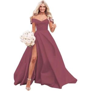 imageOff The Shoulder Satin Prom Dress for Women Long Ball Gown Wedding Dress Floor Length Formal Evening Gowns with SlitDerset Rose
