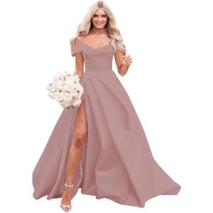 imageOff The Shoulder Satin Prom Dress for Women Long Ball Gown Wedding Dress Floor Length Formal Evening Gowns with SlitDusty Rose