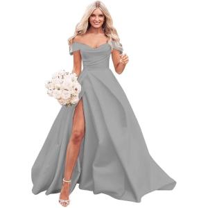 imageOff The Shoulder Satin Prom Dress for Women Long Ball Gown Wedding Dress Floor Length Formal Evening Gowns with SlitGrey