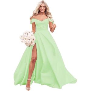 imageOff The Shoulder Satin Prom Dress for Women Long Ball Gown Wedding Dress Floor Length Formal Evening Gowns with SlitMint