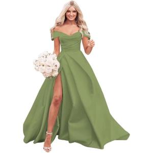 imageOff The Shoulder Satin Prom Dress for Women Long Ball Gown Wedding Dress Floor Length Formal Evening Gowns with SlitOlive
