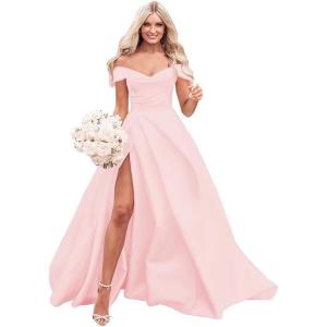 imageOff The Shoulder Satin Prom Dress for Women Long Ball Gown Wedding Dress Floor Length Formal Evening Gowns with SlitPink