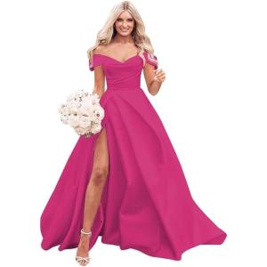 imageOff The Shoulder Satin Prom Dress for Women Long Ball Gown Wedding Dress Floor Length Formal Evening Gowns with SlitRose Red