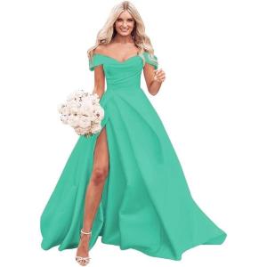 imageOff The Shoulder Satin Prom Dress for Women Long Ball Gown Wedding Dress Floor Length Formal Evening Gowns with SlitTurquoise