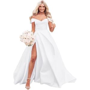 imageOff The Shoulder Satin Prom Dress for Women Long Ball Gown Wedding Dress Floor Length Formal Evening Gowns with SlitWhite