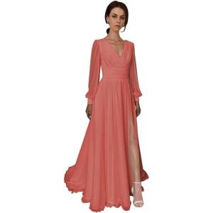 imageSplit Chiffon V Neck Long Sleeve Prom Dresses Formal Dress for Women ALine Pleated Maxi GownCoral