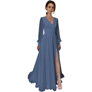 imageSplit Chiffon V Neck Long Sleeve Prom Dresses Formal Dress for Women ALine Pleated Maxi GownDusty Blue
