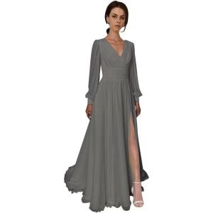 imageSplit Chiffon V Neck Long Sleeve Prom Dresses Formal Dress for Women ALine Pleated Maxi GownGrey