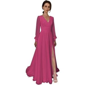 imageSplit Chiffon V Neck Long Sleeve Prom Dresses Formal Dress for Women ALine Pleated Maxi GownHot Pink