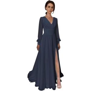 imageSplit Chiffon V Neck Long Sleeve Prom Dresses Formal Dress for Women ALine Pleated Maxi GownNavy Blue